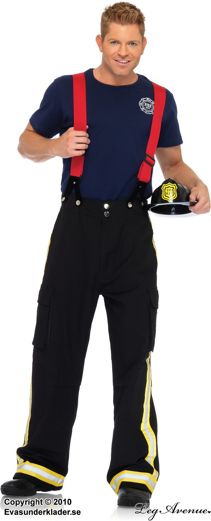 Male fire fighter, t-shirt and pants costume, suspenders
